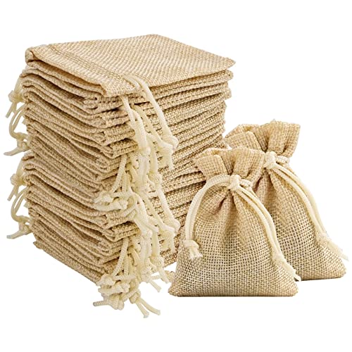 MINISOISO 110PCS Petit Sachets avec Cordon, 7 x 9 cm Sacs en Lin, Toile de Jute Pochettes, Sacs Cadeau pour Pochette Cadeau Bijoux, Pochon Tissu Mariage