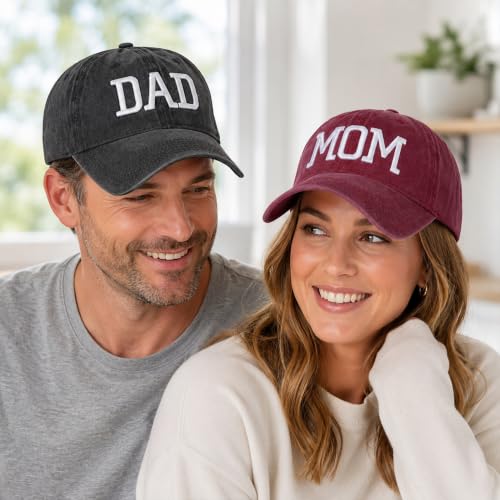 Image of Mom Dad Embroidered Baseball Caps Set of 2 Adjustable Couples Cotton Hats | Soft cotton matching caps with premium embroidery and adjustable fit, perfect for couples, parents, family photos and gifts.