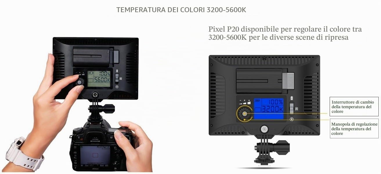 Pixel P20 Video Light Pannello Dimmerabili Pannello LED per Fotocamera | Schermo LCD per Fotocamera Videocamera DSLR Canon Nikon come la Luce di Riempimento per Nozze Intervista del Notiziario