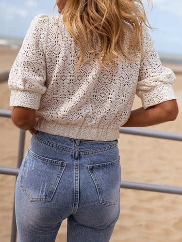 Women's Crochet Twist Front Crop Tops Hollow Out Puff Sleeve Deep V Neck Knit Sweater Casual Slim Fit Solid Knitwear4