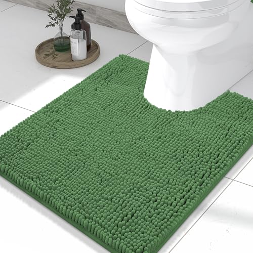 Smiry Luxury Chenille Toilet Rugs U-Shaped 24x20, Soft Absorbent Non-Slip Contour Bathroom Rugs for Toilet, Machine Washable Contoured Bath Mats, Olive Green