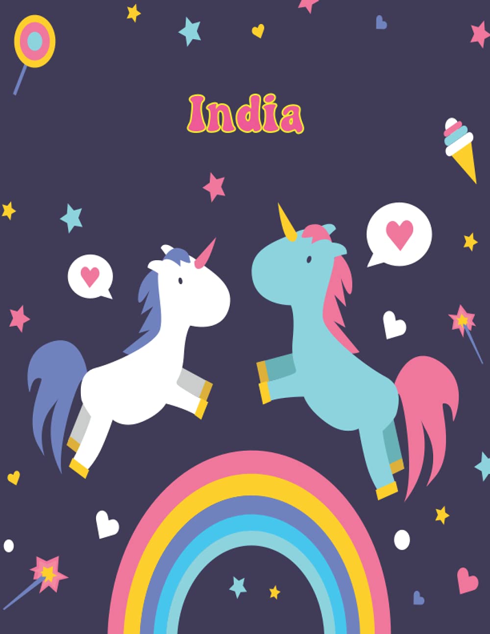 India: Unicorn Notebook Personal Name Wide Lined Rule Paper | Notebook The Notebook For Writing Journal or Diary Women & Girls Gift for Birthday, For Student | 162 Pages Size 8.5x11inch
