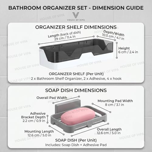 Image of HOUSE OF VIPA Self-Adhesive Bathroom Shelf for Wall, Bathroom Organizer with Towel Holder and 4 Hooks, Space-Saving Bathroom Accessories, 2 Storage Shelves & 2 Soap Dishes (B /W), 4 Pack