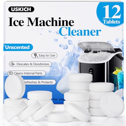 Image of USKICH Ice Machine Cleaner Descaler Tablets-12 Pack Ice Maker Cleaner Compatible with Frigidaire, Opal, GE Profile, Kitchenaid, Nickel Safe Scale Remover for Countertop, Nugget Ice Makers