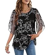 Cestyle Womens Ruffle 3/4 Sleeve Tops Mesh Blouses Flowy Shirts Casual Tunic