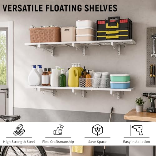 Image of 2 Pack Garage Wall Shelving, 46 inch x 12.5 inch Heavy Duty Storage Racks, Garage Shelves Wall Mounted with 8 Hooks, 320 LBS Capacity Floating Metal Shelf Organizer for Laundry Room, Basement, Workshop