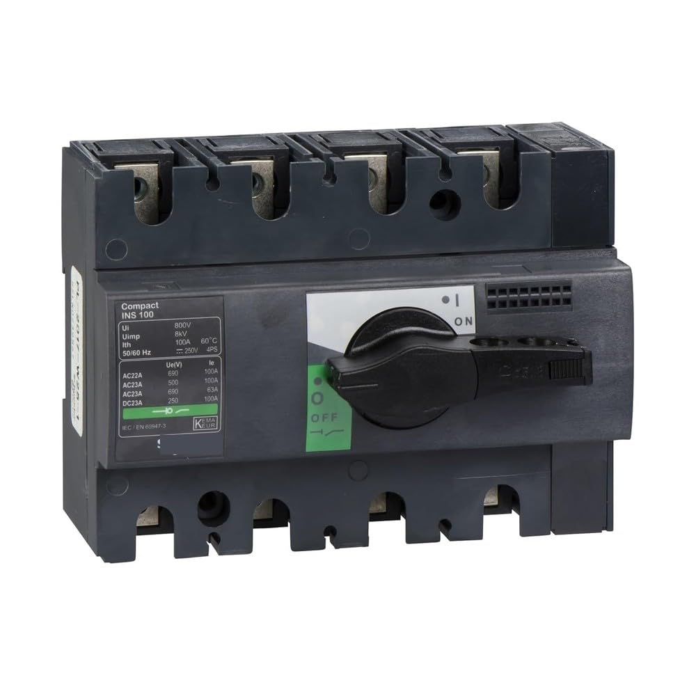 Accessori elettrici 28909 INS100 Sezionatore 4P, Compatto INS100, 100A, Versione Standard Con Manovra Rotativa Nera, 4 Poli
