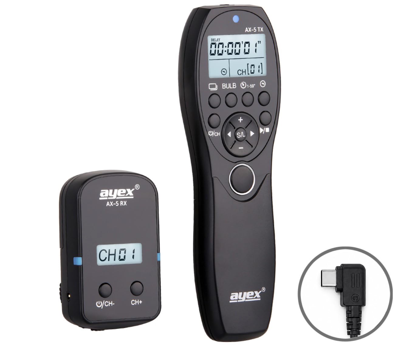 ayex AX-5 Timer zdalny wyzwalacz radiowy kompatybilny z Sony USB-C A7C II A7C R A7 V A6700 interwałowy timer Bulb Delay 2,4 GHz zasięg 100 m LCD 32 kanały
