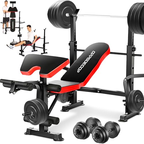 OPPSDECOR 6 in 1 660lbs Weight Bench with Leg Extension and Leg Curl, Foldable Bench Press Set and Squat Barbell Rack with Preacher Curl, Adjustable Workout Bench for Home Gym Strength Training PXZXYX1 (Red)