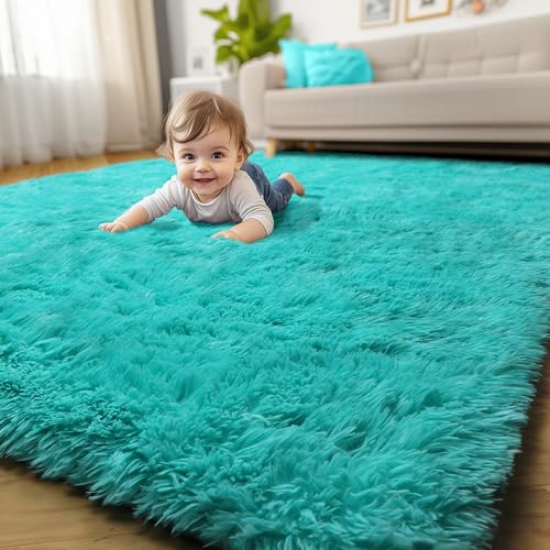 Amdrebio Blue Area Rugs for Bedroom, Fuzzy Fluffy Furry Rug 5x8 for Living Room, Cute Plush Shaggy Carpet for Kids Teen Girls Boys, Baby Light Turquoise Teal Rugs for Nursery Playroom Classroom Dorm
