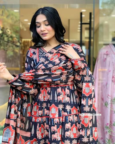 Greciilooks Women's Poly Rayon Animal Print Regular Kurta Set (Gl-W.Kurta Set-K2762&P184&D122_Black_2Xl)