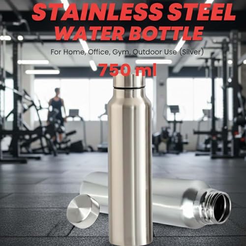 Image of 750ml Stainless Steel Water Bottle | Leak Proof, Rust Proof & BPA Free Metal Drinking Bottle | Reusable Steel Water Bottle for Office, Gym, College, Sports & Travel | Fridge Friendly | Silver