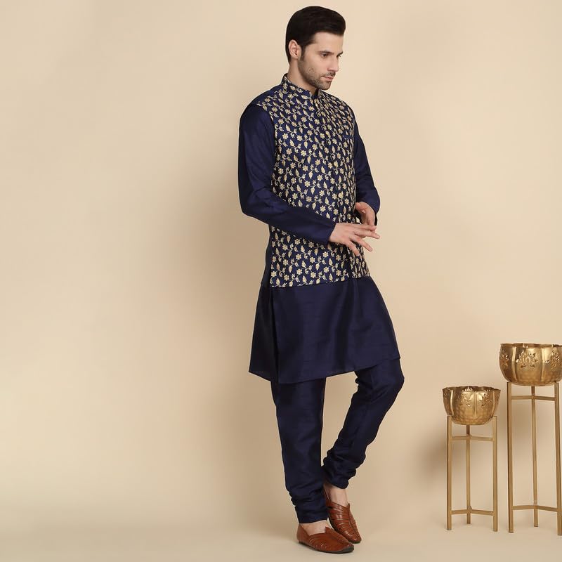 Image of KRAFT INDIA Men's Stylish Silk Kurta with Churidar & Nehru Jacket Set