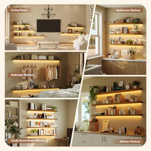 Image of ROGMARS 48 Inches Long Walnut Floating Shelves with Led Light | Rustic Solid Wood Farmhouse Wall Shelves with Invisible Brackets for Bedroom, Living Room, Kitchen, Bathroom Set of 3