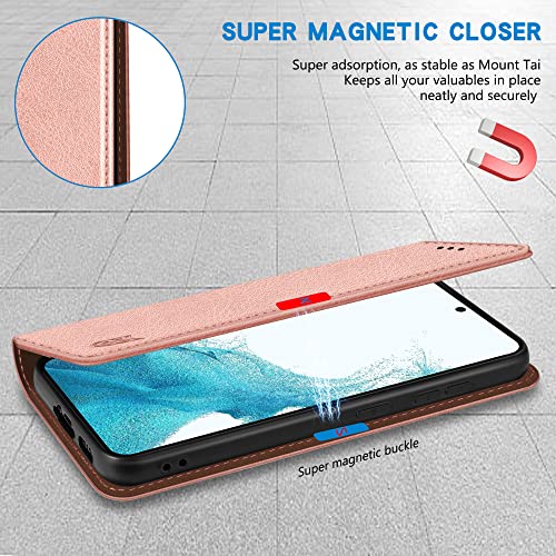 Image of ZZXX for Samsung Galaxy S22 Wallet Case with [RFID Blocking] Card Slot Stand Strong Magnetic Leather Flip Fold Protective Phone Case for Samsung Galaxy S22 Case Wallet(Rose Gold-6.1 inch)