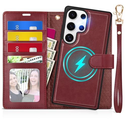 TUCCH Funda para Galaxy S25 Ultra 5G, 2 en 1 Extraíble Cáscaras Protector, Correa Ranura para Tarjeta, Funda de Cuero PU Carcasa TPU Antigolpes para Galaxy S25 Ultra (6,9") 2025, Rojo Oscuro