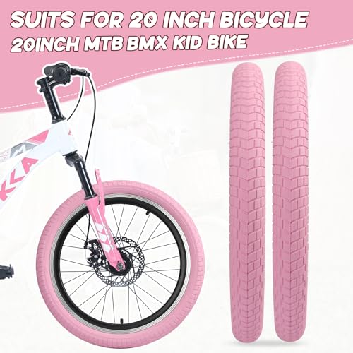 WEEROCK 20 Inch Pink Kid Bike Tire Girls' Bicycle Tires 2 Pack Colorful Tires with Inner Tubes Foldable Replacement Tyres for 20" Kid Child Bike BMX MTB