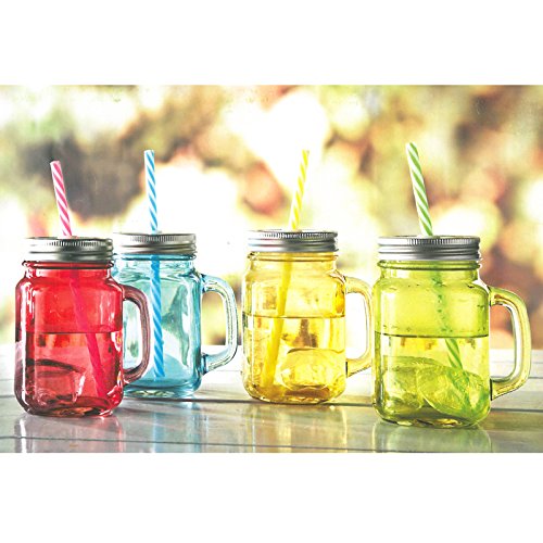 Set of 4 Coloured Glass Mason Drinking Jars with Lid, Handle & Straw by Homestyle