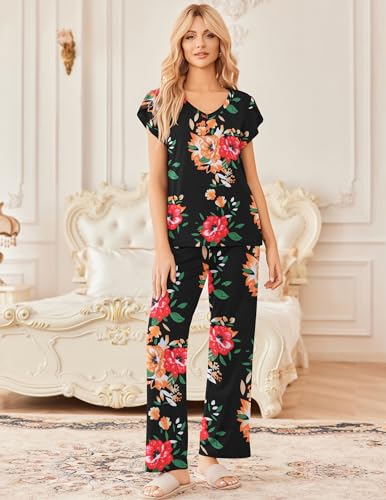 Image of Ekouaer 2 Pack Womens Pajamas Short Sleeve Sleepwear Top with Pants Super-Soft Printed Lounge Sets S-XXL