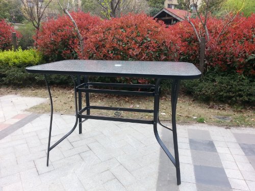 Pebble Lane Living All Weather Rust Proof Indoor/Outdoor Cast Aluminum Tempered Glass Top Patio Bar Dining Table with Umbrella Hole, Fits up to 6 Chairs, Black, 60" W x 38" D