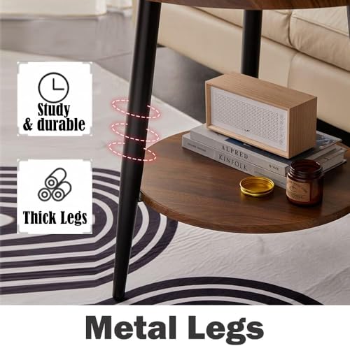 FANTERSI Small Side Table, Wood Side Table 2-Tier, Round End Table Small End Table for Living Room, Metal Frames, Brown