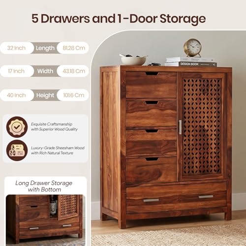 Image of Amazon Brand - Solimo Solid Sheesham Wood Truva Sideboard Cabinet with 5 Drawers & 1-Door Storage | Storage Cabinet for Living Room, Kitchen & Bedroom Organizer Chest of Drawers (Honey Finish)