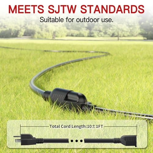 Image of 16 /3 10 FT Outdoor Extension Cord Waterproof, Weatherproof & Flame Retardant Black 3 Prong Power Cord Outside for Lawn & Garden, 13 Amps 1625 Watts 125 VAC 16AWG SJTW, ETL Listed