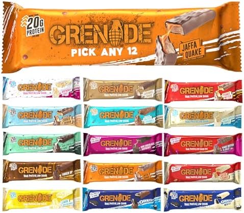 Grenade Protein Bar - Pick any 12 Protein Bars from Birthday Cake, Cookie Dough, Salted Caramel, Fudged up, Peanut Nutter, Salted Peanut, Dark Chocolate Mint & More. High Protein & Fibre and Low Sugar