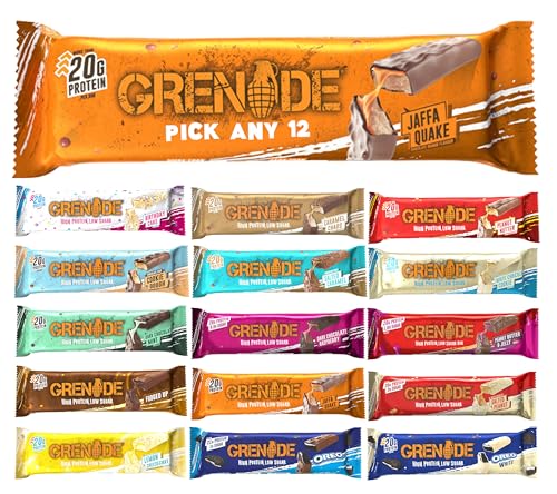 Grenade Protein Bar - Pick any 12 Protein Bars from Birthday Cake, Cookie Dough, Salted Caramel, Fudged up, Peanut Nutter, Salted Peanut, Dark Chocolate Mint & More. High Protein & Fibre and Low Sugar