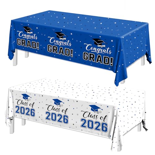 Image of 2026 Graduation Decorations,Congrats Grad Tablecloth 2pcs White Navy Blue Class of 2026 Table Covers Rectangle for Graduation Party Supplies,108x54inch(Blue)