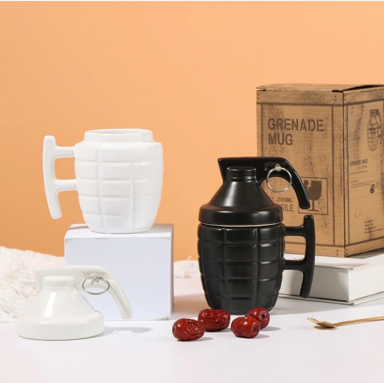 Tazza A Forma Di Granata 350ml, Tazza Originale In Ceramica Con Coperchio Per Caffè E Tè, Idea Regalo Divertente Per Papà, Militari E Collezionisti, Nero Opaco