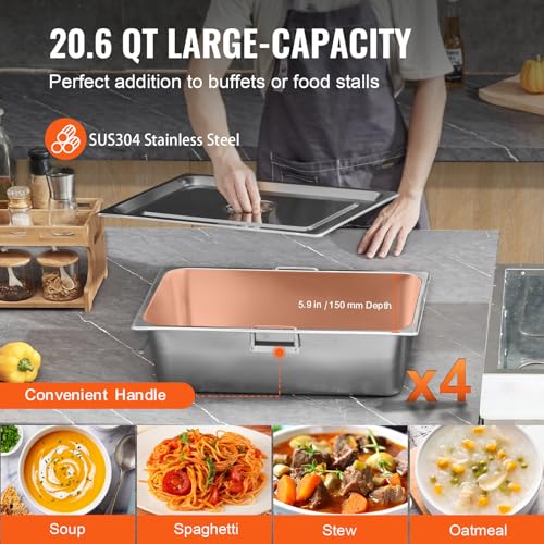 VEVOR 4-Pan Commercial Food Warmer, 4 x 20.6QT Electric Steam Table, 2000W Professional Buffet Catering Food Warmer with Acrylic Sneeze Guard, Food Grade Stainless Steel Server for Party Restaurant by VEVOR - Image 3