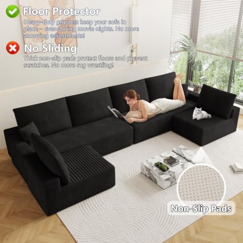 Image of Oversized Modular Sectional Sofa Couch, Large 6 Seater Corner Sofa Modern U Shaped Sectional Couch Cloud Couches for Living Room, Office, Spacious Space, Corduroy, No Assembly Required, Black