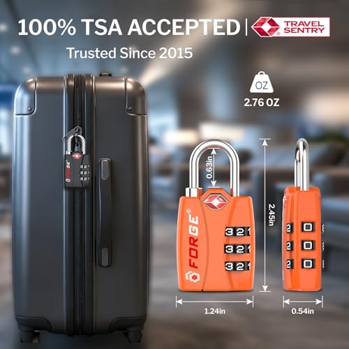 Image of Forge Open Alert TSA Approved Luggage Locks - 3 Digit Combination, Easy Read Dials, Zinc Alloy Body (Orange 2 Locks)