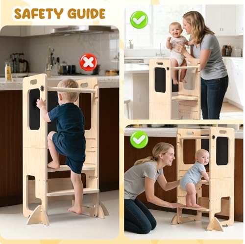 Image of Toddler Kitchen Step Stool, Adjustable Height Learning Standing Tower with Blackboard, Wooden Kitchen Stool Helper for Kids, 1-3 Year Old Boy Girl Gifts