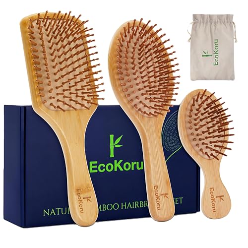 EcoKoru Set Cepillos Pelo Bambú Natural | Anti-encrespamiento, Masaje Cuero Cabelludo, Para Todo Tipo de Cabello, Viaje, Ecológico y Biodegradable