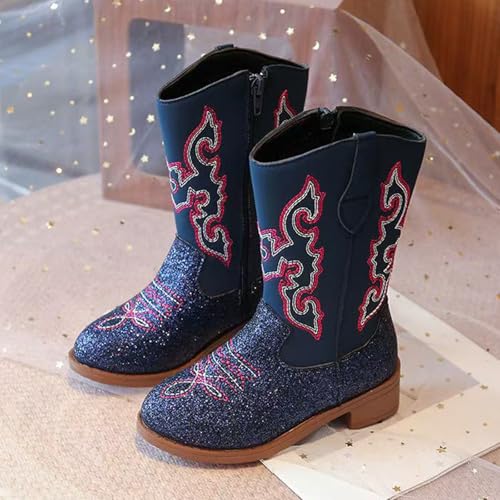 Cowgirl Boots for Girls Child Mid Calf Glitter Cowboy Boot Little Big Kids Western Riding Shoes Western Square Toe Girls Sparkle Boots Zipper Low Heel2