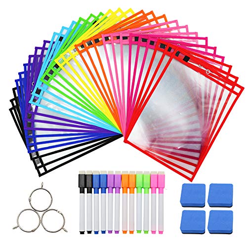 Dry Erase Pockets 30 Pack Dry Erase Sheets Reusable & Oversized 10" x 13.6"Dry Erase Sheet Plastic Protectors Sleeves with 12 Markers 4 Eraser 3 Metal Rings for Teachers Kids and School Supplies