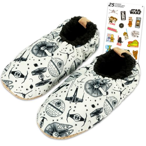 STAR WARS Slipper Sock Set - Bundle with Fuzzy House Slippers Featuring Millennium Falcon Death Star TIE Fighter Plus Stickers Slippers for Men Size M/L