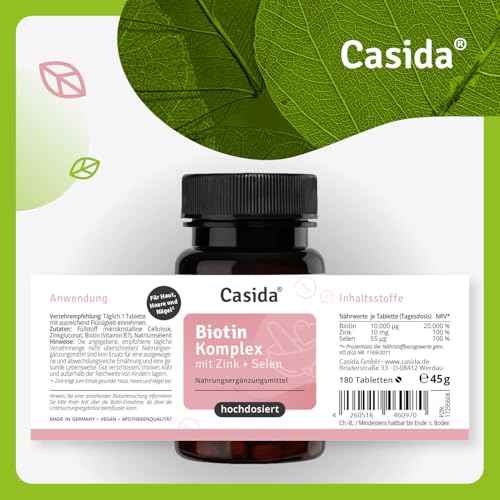 Casida Biotin Komplex hochdosiert 10.000 mcg Biotin + Selen + Zink für Haarwuchs, Haut & Nägel - 180 Tabletten vegan, ohne Zusatzstoffe