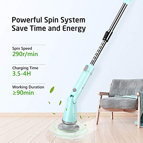 Homitt Electric Spin Scrubber with Rechargeable Battery, Power Bathroom and Shower Scrubber with 4 Replaceable Cleaning Brush Heads, 1 Adjustable Extension Handle for Kitchen, Tub, Tile, Grout, Floor