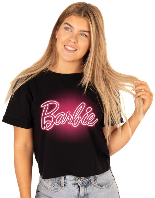Barbie T-Shirt Camiseta para Mujer Ladies Neon Pink Logo Top Gris S