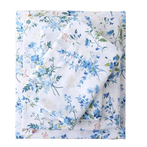 Image of Mooreeke Cozy Vintage Microfiber Printed Queen Sheet Set - Soft & Breathable Percale Blue Green Floral Bed Sheets with Extra Deep Pocket - Non-Slip Fitted Design - Blue Green Flower Pattern