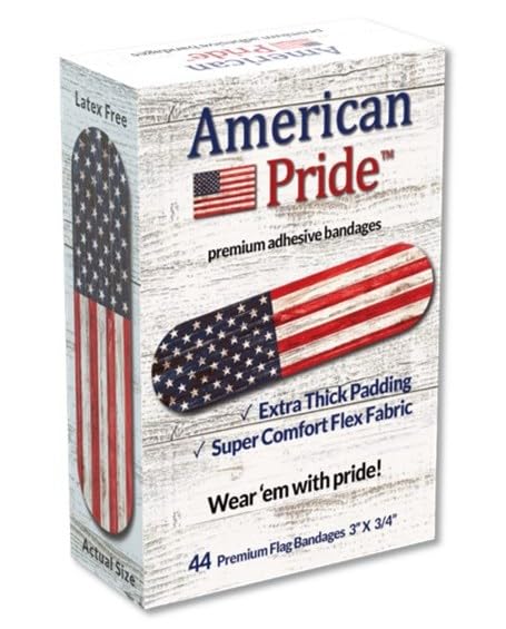 American Pride Premium Adhesive Bandages – Strong Comfortable Flex Fabric, Thicker Padding for Extra Protection & Absorbency. Reliable Sticking Power. USA Patriotic Vintage American Flag. 44 Ct Box