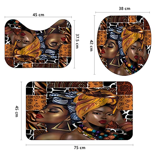 Black Woman Boho Badezimmerteppiche und Matten Sets 3-teilig, Memory Foam Badematte, U-förmige Kontur-Duschmatte rutschfest saugfähig, Samt WC-Deckelbezug waschbar – Bild 4