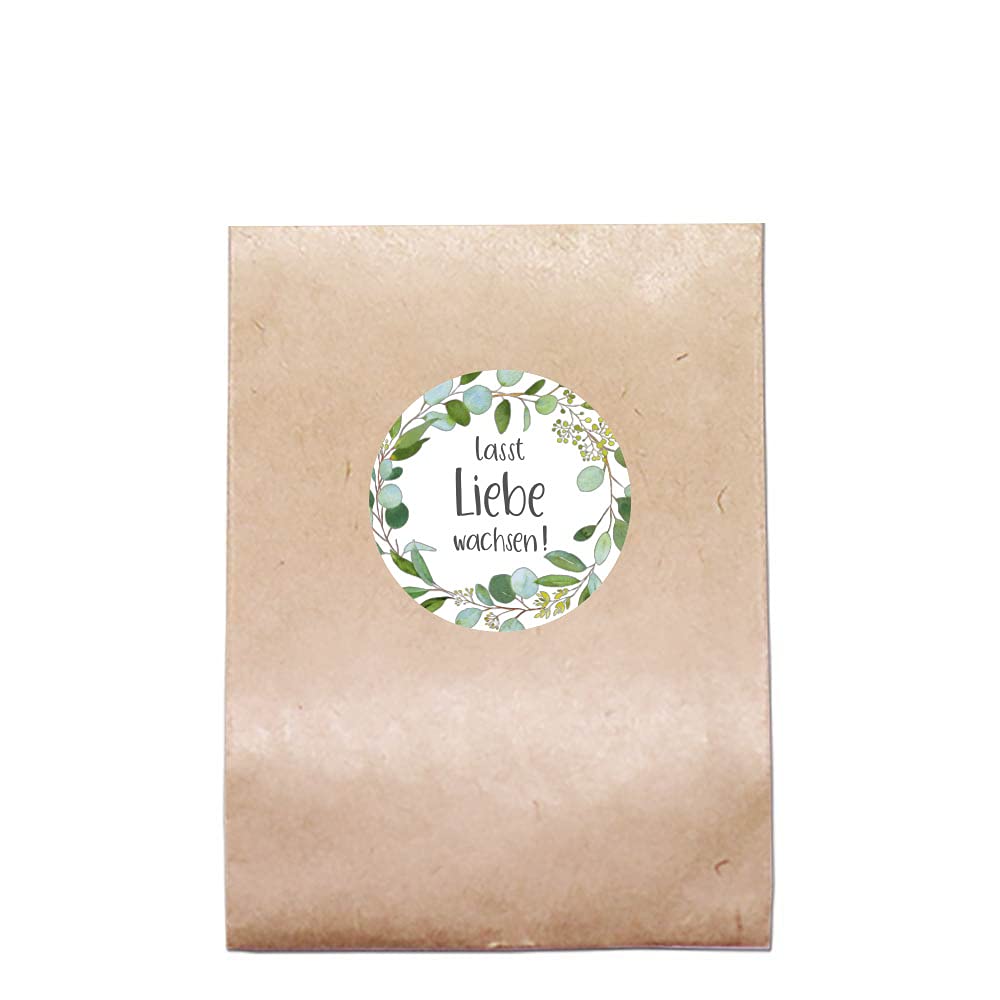 DIY Gastgeschenke-Set mit Blumen-Samen "Lasst Liebe wachsen" Botanical Eukalyptus für 40 Personen- 82 Teile - 40 Beutel + 40 Sticker + 200 gr. Blumensamen Taufe & Hochzeit Zubehör & Accessoires