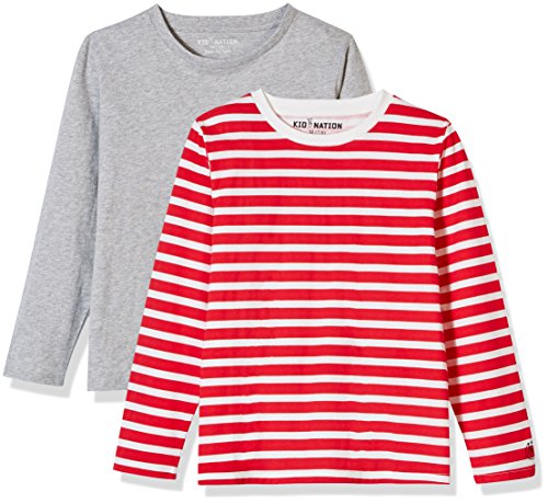 Kids 2 Packs 100% Cotton Tagless Long Sleeve Crewneck T Shirt Top for Boys or Girls 4-12 Years