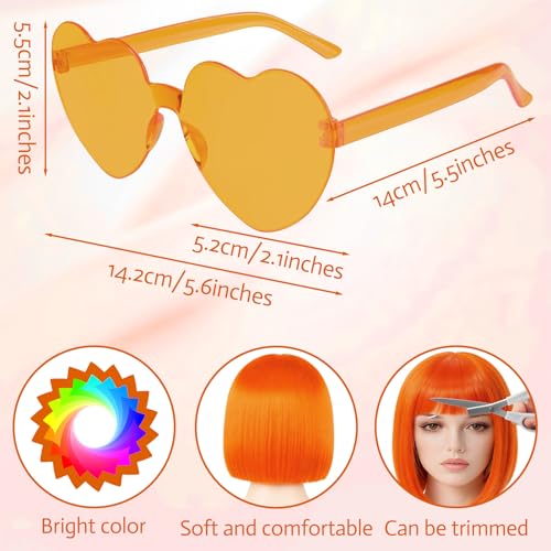 Image of MEEZY Orange Short Bob Wigs Straight Hair with Flat Bangs Heart Sunglasses for Women, Colorful Funny Cosplay Party Neon Wig Synthetic Natural As Real Carnival Halloween Costume Party Favors
