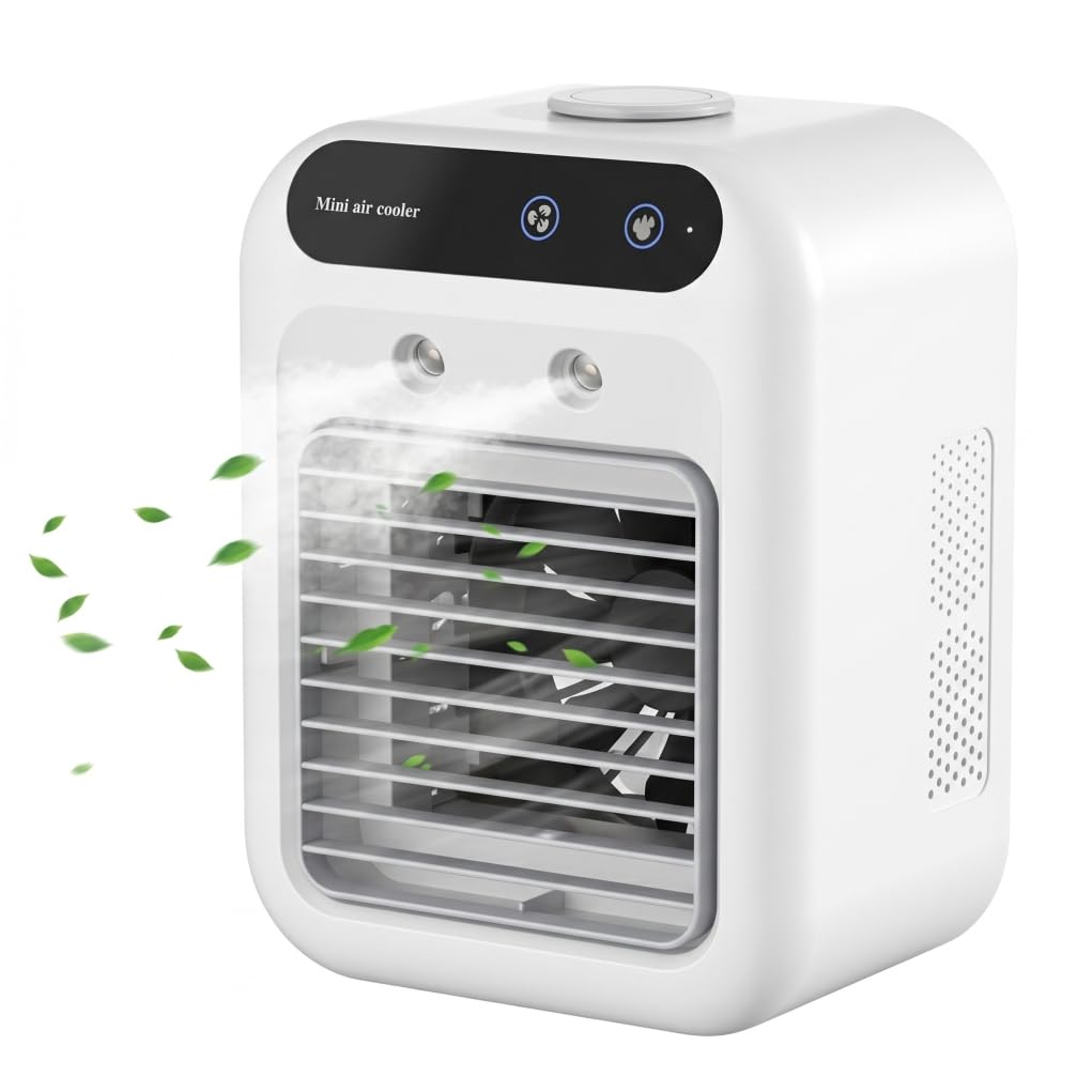 Ameble Rechargeable Portable Air Conditioner Mini Air Cooler, Spray Humidification with 8H Timer, White