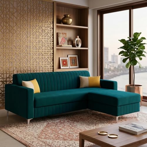 Image of SOCOZI Anton 4 Seater L Shape Sofa Set with Movable Ottoman | Flexible Left or Right Layout | Soft Velvet Suede Fabric | Modern Design | Plush Comfort Cushions for Living Room (Greenish Teal)